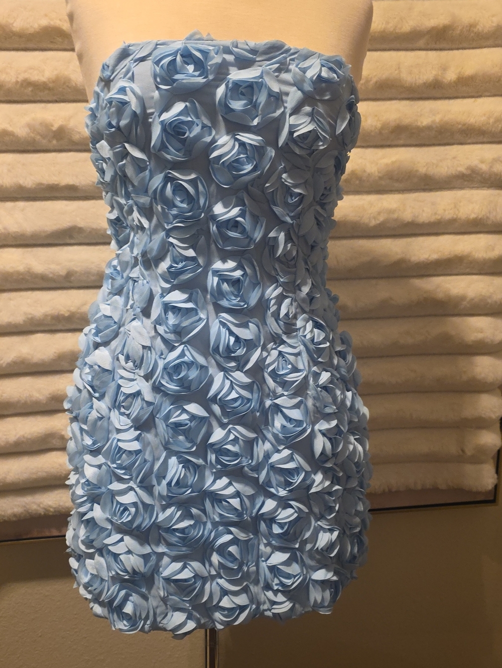Strapless Light Blue 3D Rose Appliqué Mini Dress